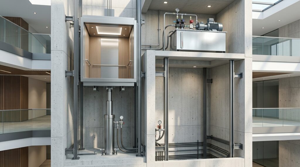 Hydraulic lift system with elevator cabin and piston