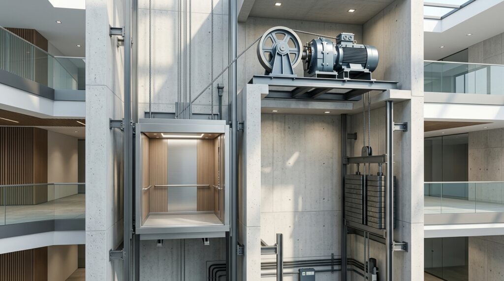 Passenger traction lift with ropes motor and counterweight